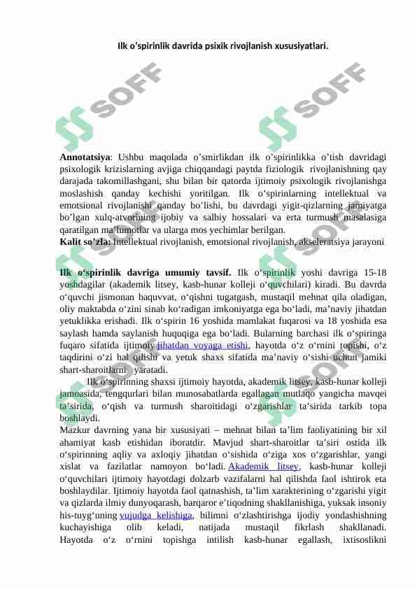 ilk o'spirinlik  rivojlanish davri 1