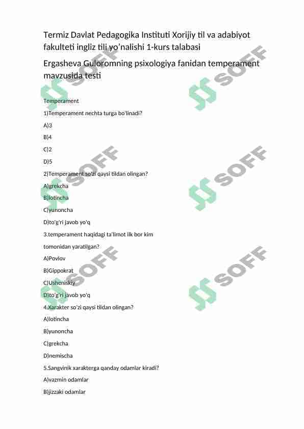 Psixologiya fanidan temperament mavzusida test. 1