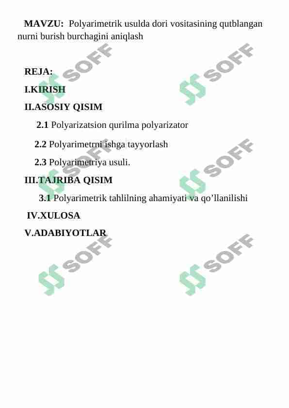 Polyarimetrik usulda dori vositasining qutblangan nurni burish burchagini aniqlash 1