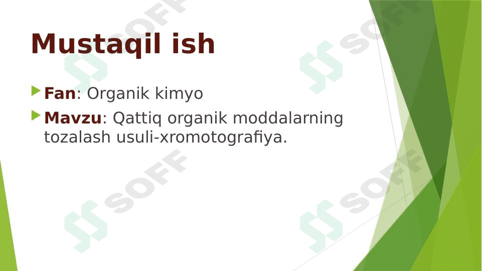 Qattiq organik moddalarning tozalash usuli-xromotografiya. 1