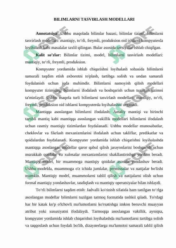 BILIMLARNI TASVIRLASH MODELLARI 1