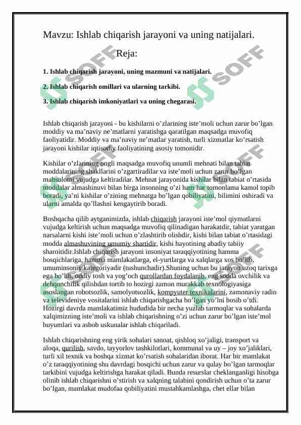 Ishlab chiqarish jarayoni va uning natijalari. 1