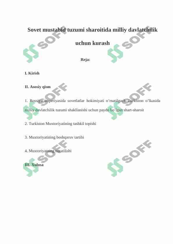 Sovet mustabid tuzumi sharoitida milliy davlatchilik uchun kurash 1