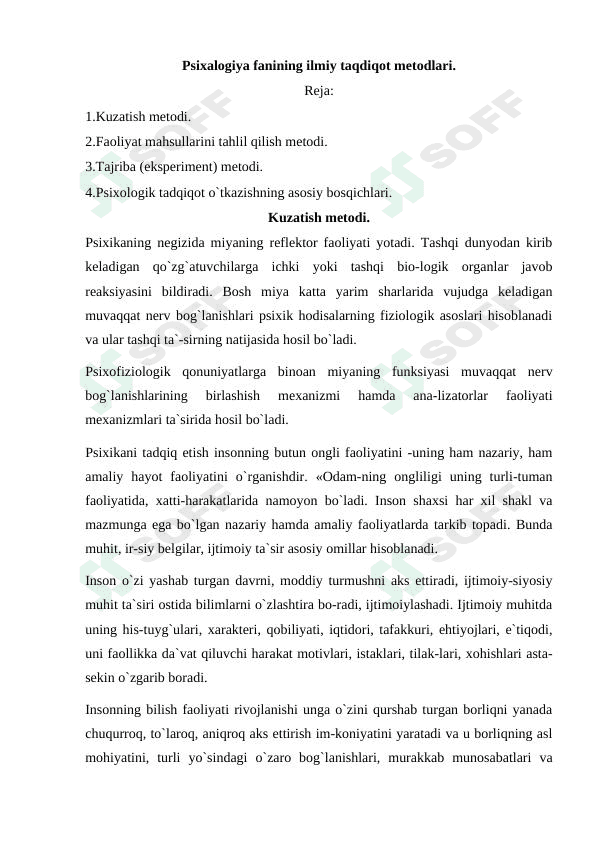Psixalogiya fanining ilmiy taqdiqot metodlari. 1