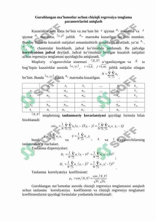 Guruhlangan ma’lumotlar uchun chiziqli regressiya tenglama  parametrlarini aniqlash 1