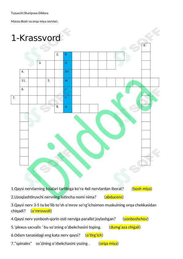 Anatomiya mustaqil ish krossvord 1
