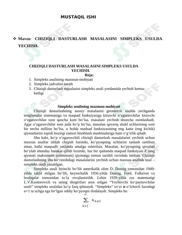 CHIZIQLI DASTURLASH MASALASINI SIMPLEKS USULDA YECHISH. 1