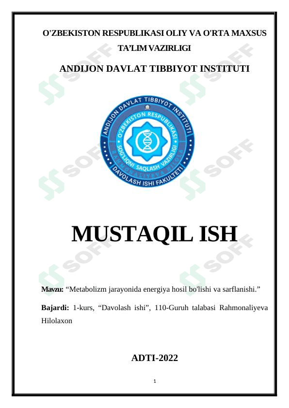 Metabolizm jarayonida energiya hosil bo'lishi va sarflanishi 1
