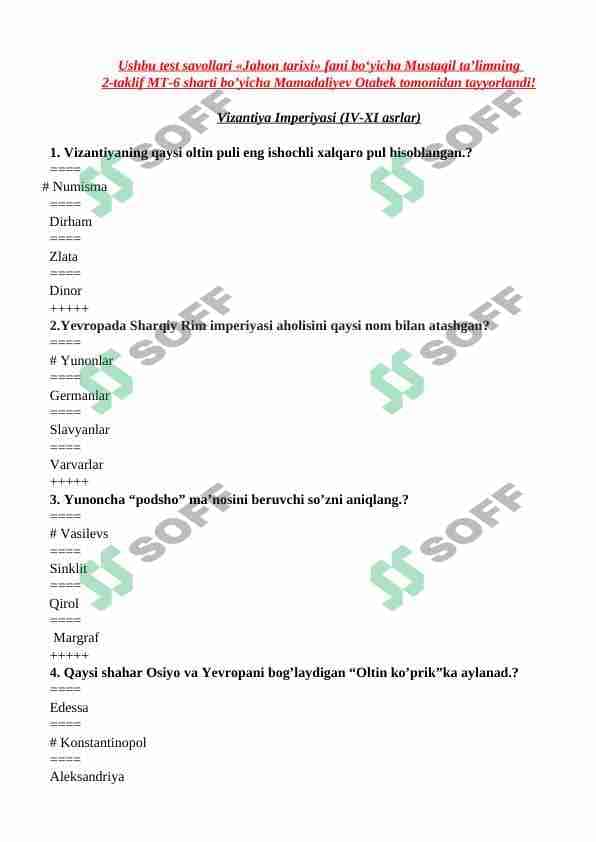 VIZANTIYA IMPERIYASI TEST 1