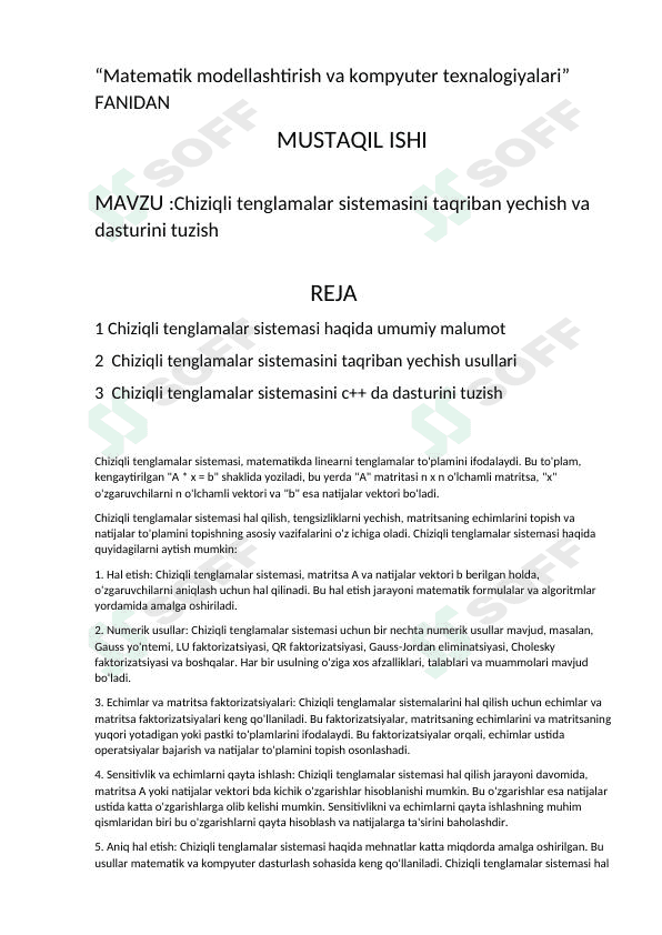 Chiziqli tenglamalar sistemasini taqriban yechish va dasturini tuzish 1