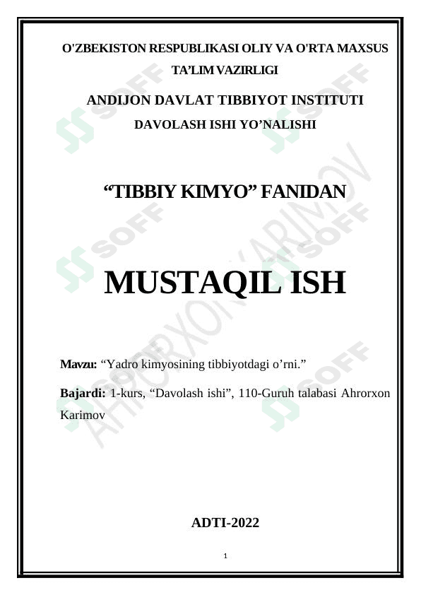 Yadro kimyosining tibbiyotdagi o’rni 1