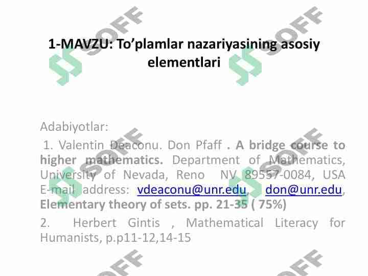 To’plamlar nazariyasining asosiy elementlari 1