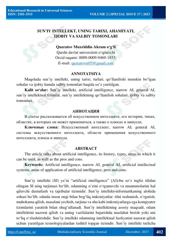 SUN’IY INTELLEKT, UNING TARIXI, AHAMIYATI, IJOBIY VA SALBIY TOMONLARI 1