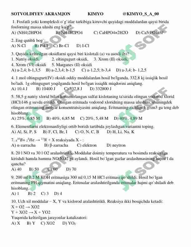 Mega kimyo Olimpiada savollari va javoblari 1