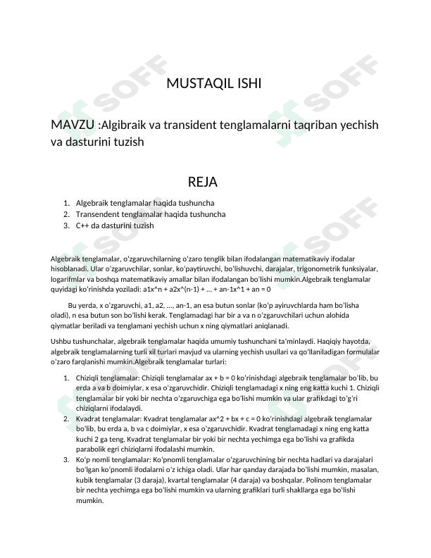 Algibraik va transident tenglamalarni taqriban yechish va dasturini tuzish 1
