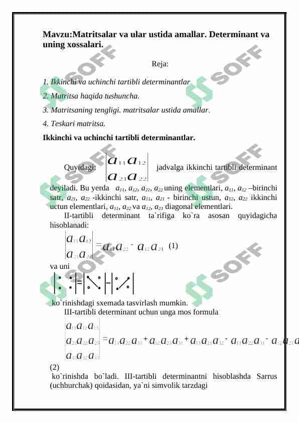 Matritsa va determinant 1