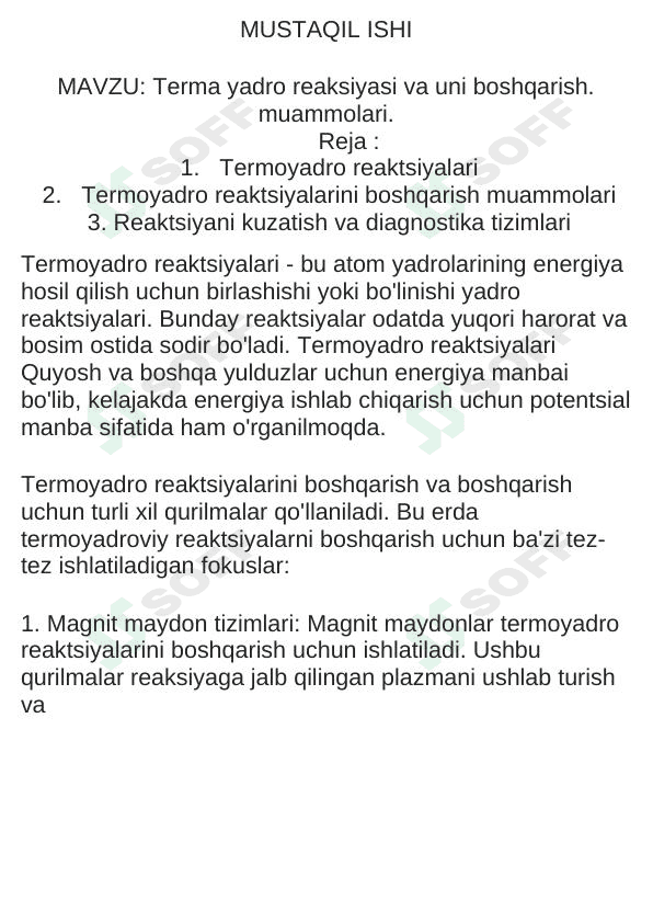 Terma yadro reaksiyasi va uni boshqarish. muammolari.