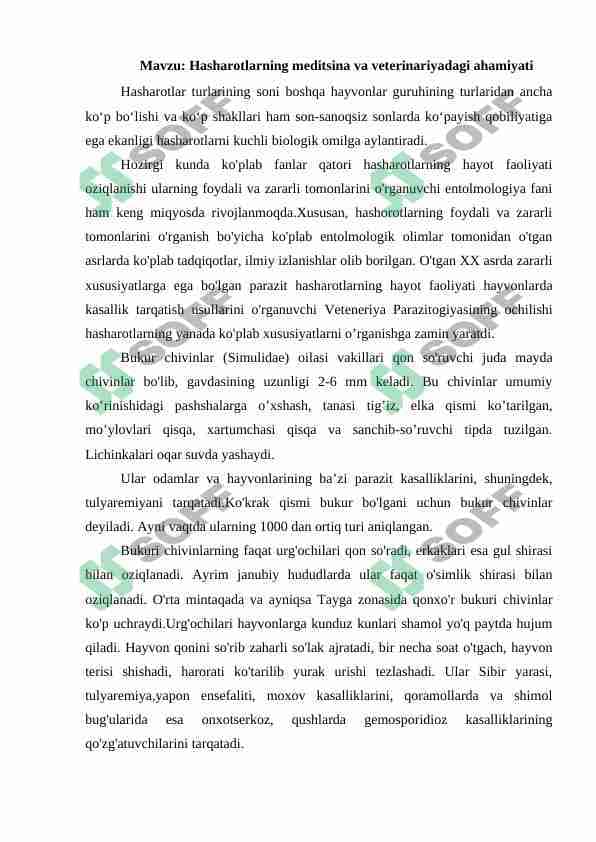 HASHAROTLARNING MEDITSINA VA VETERINARIYADAGI AHAMIYATI 1