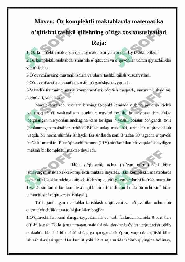 Oz komplektli maktablarda matematika o’qitishni tashkil qilish 1