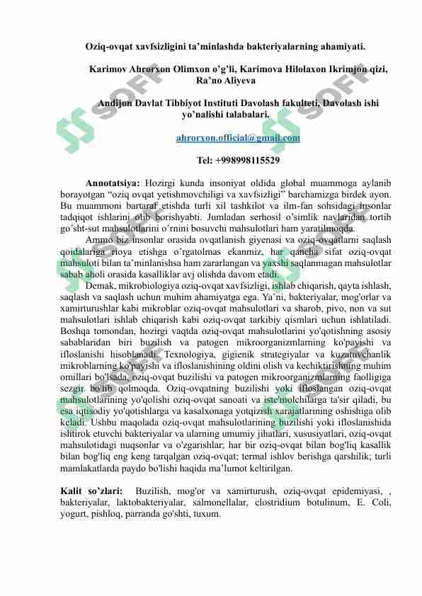 Oziq-ovqat xavfsizligini ta’minlashda bakteriyalarning ahamiyati 1