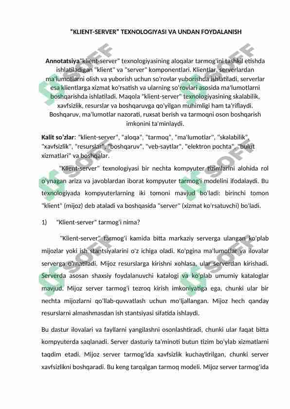 “KLIENT-SERVER” TEXNOLOGIYASI VA UNDAN FOYDALANISH 1