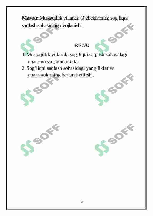 Mustaqillik yillarida O‘zbekistonda sog‘liqni saqlash sohasining rivojlanishi 2