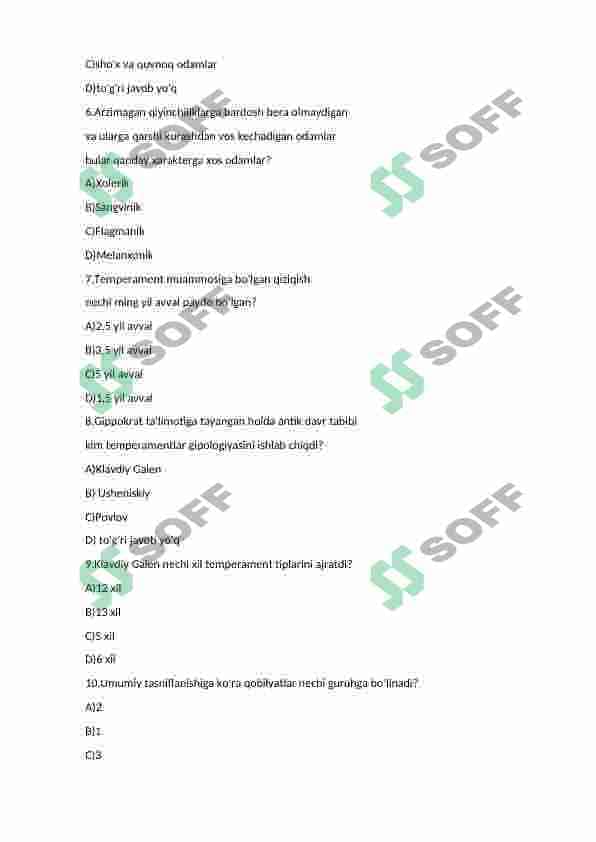 Psixologiya fanidan temperament mavzusida test. 2