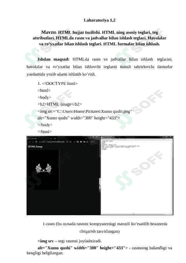 HTML hujjat tuzilishi. HTML ning asosiy teglari, teg attributlari. HTMLda rasm va jadvallar bilan ishlash teglari. Havolalar va ro‘yxatlar bilan ishlash teglari. HTML formalar bilan ishlash. 2