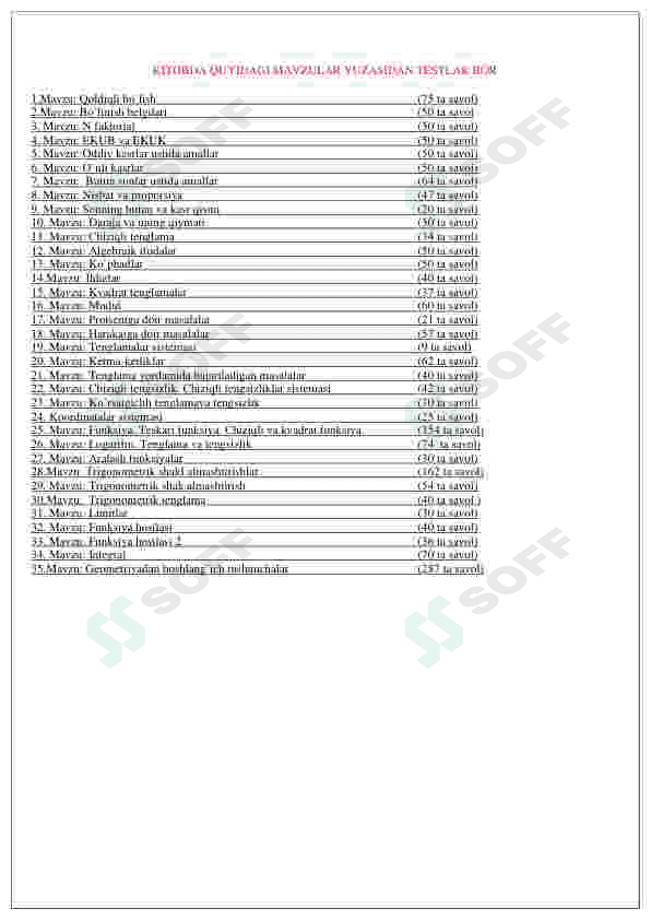 Matematika fanidan murakkab 2050 ta testlar / Abituriyentlar uchun 2