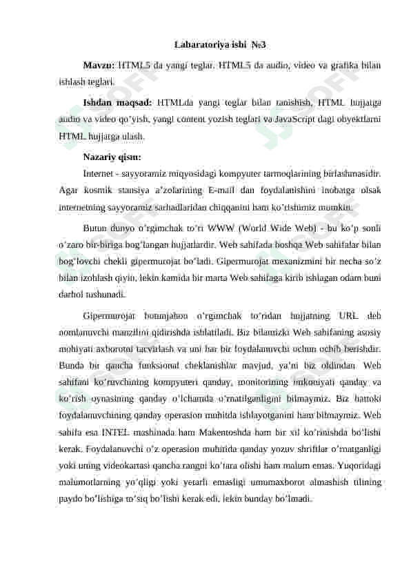 HTML5 da yangi teglar. HTML5 da audio, video va grafika bilan ishlash teglari. CSS da selektorlar. CSS xususiyatlari. CSS da effektlar, transformatsiya, animatsiya. 2