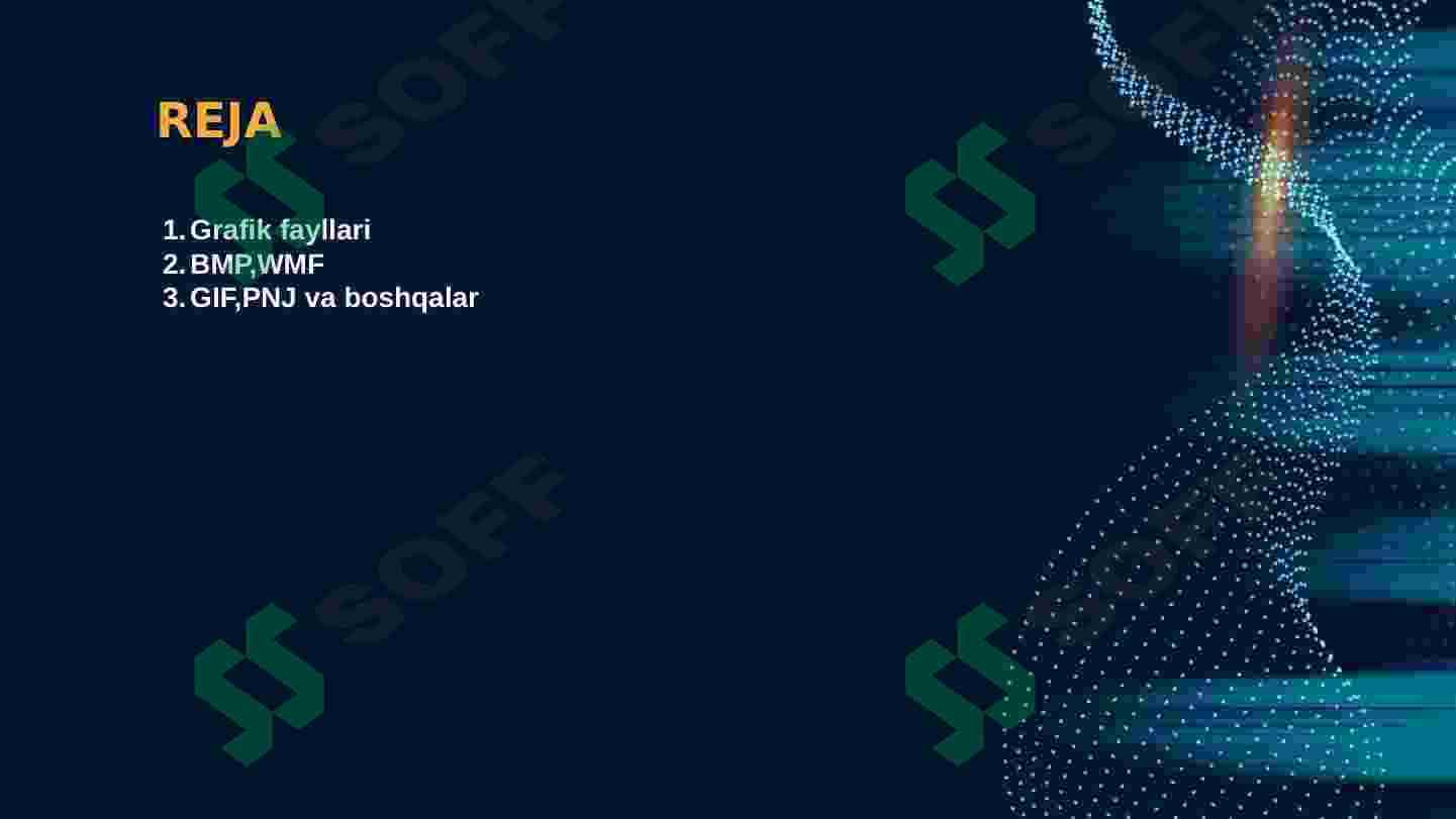 Grafik faylarining formatlari va ularning xossalari: BMP, WMF, GIF, PNG, TGA, GPEG, TIFF, PSD, CDR 2