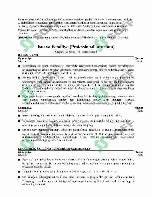 Resume, Cv shablon(maslahatva takliflar bilan) 2