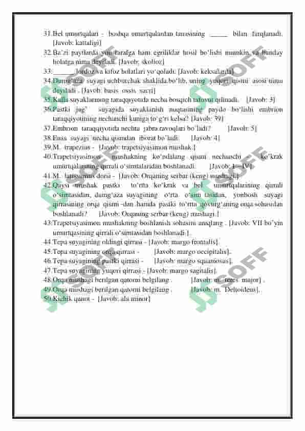 ANATOMIYA FANIDAN TEST VA SAVOLLAR TO'PLAMI 2
