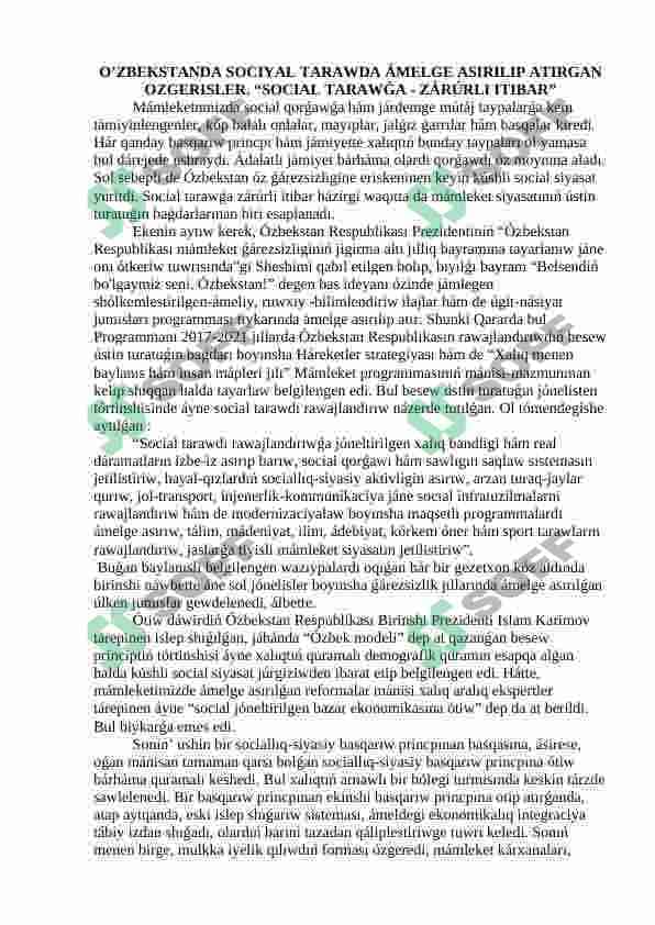 О’ZBEKSTANDA SOCIYAL TARAWDA ÁMELGE ASIRILIP ATIRGAN OZGERISLER. 2