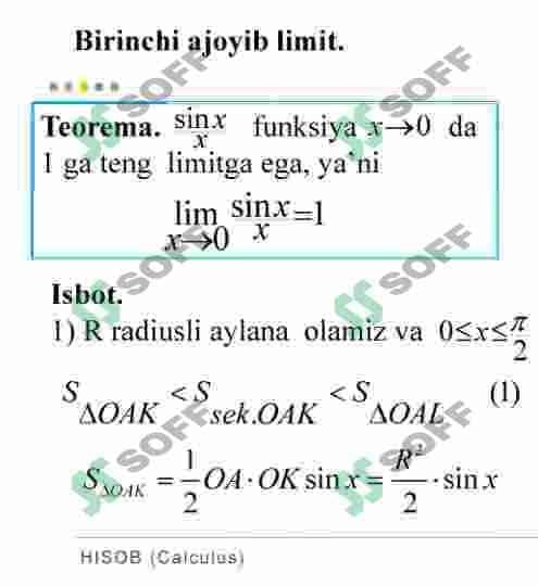1- VA 2-AJOYIB LIMITLAR. EKVIVALENT CHEKSIZ KICHIK FUNKSIYALAR VA ULARNI TAQQOSLASH. FUNKSIYANING UZLUKSIZLIGI. UZILISH NUQTALARI VA ULARNING TURLARI 2