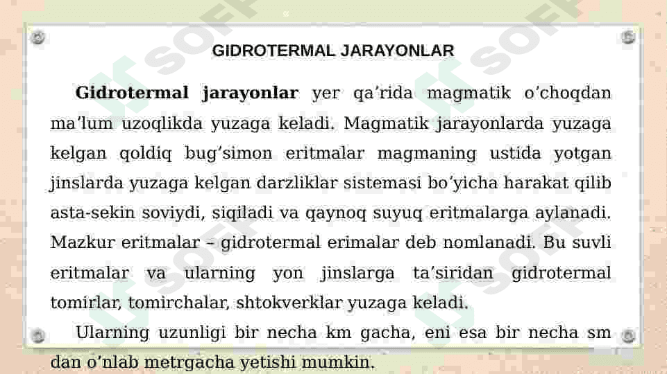 Gidrotermal jarayonlarning turli bosqichlariga  xos minerallar. 2
