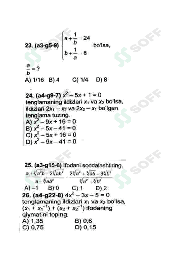 Matematikadan test topshiriqlari abiturientlar uchun 2