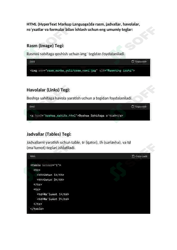 HTML da rasm va jadvallar bilan ishlash teglari. 2