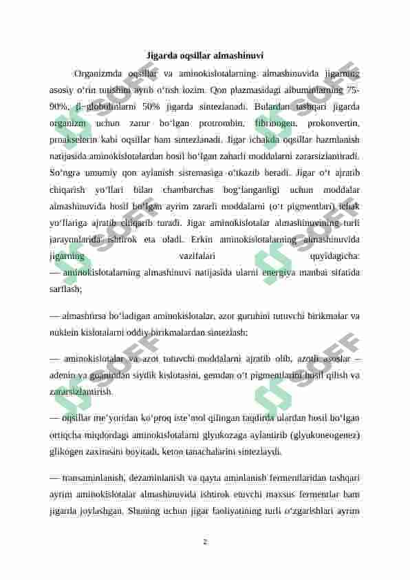Jigarda oqsil, yog’ va uglevodlarning almashinuvi 2