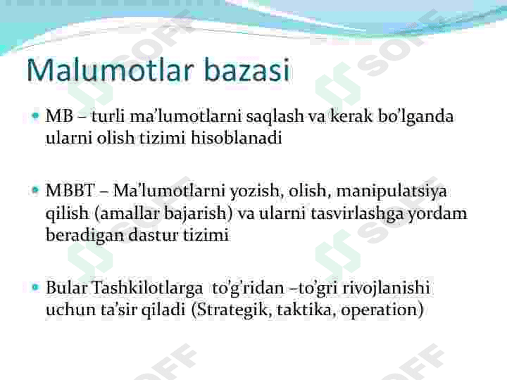 Ma‘lumotlar bazasini rejalashtirish, loyihalashlash va administratorlash. 2