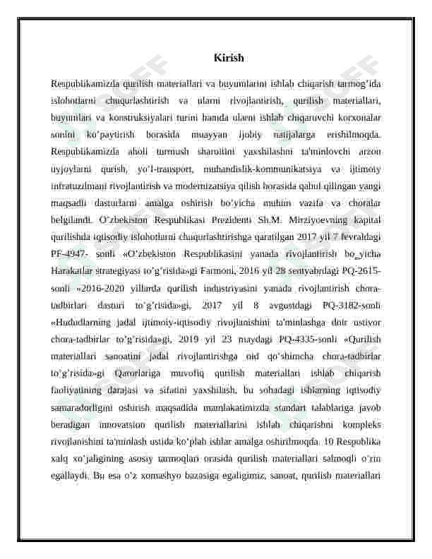 Yillik unumdorligi 800 ming m3 bo’lgan  issiqlik saqlovchi Perlitbloklar  ishlab chiqarish texnalogiyasini loyihalash 3