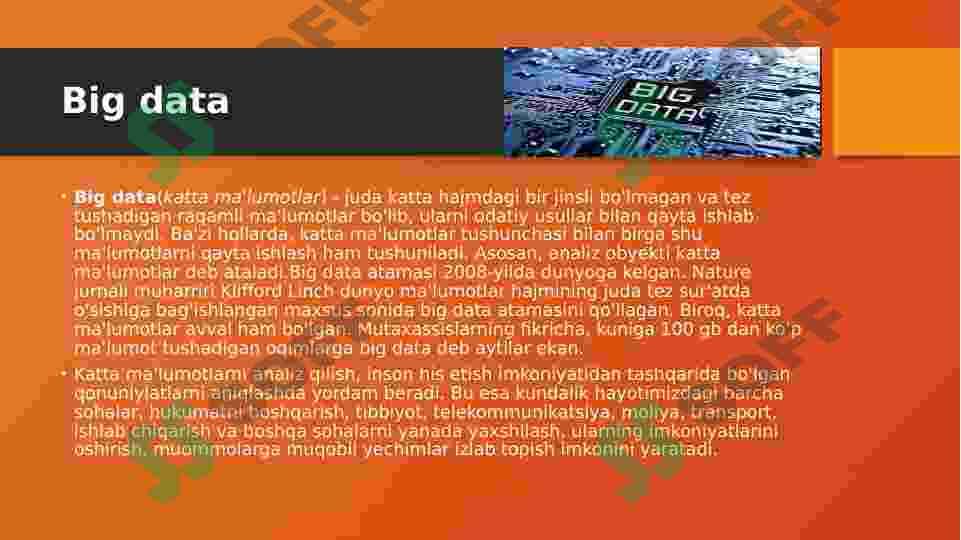 Katta ma'lumotlar (Big Data)ni qayta ishlash texnologiyalari. 3