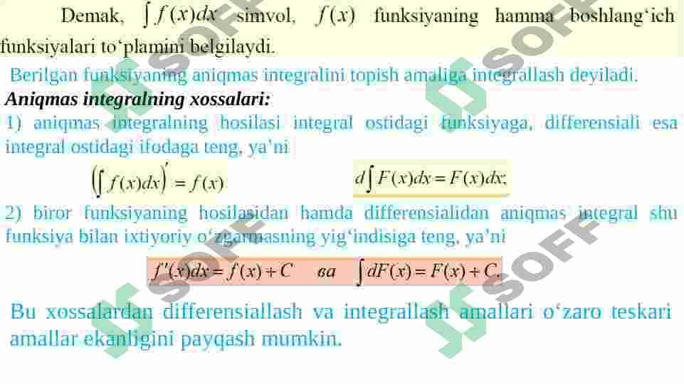 Boshlang‘ich funksiya va aniqmas integral. Integrallash usullari. 3