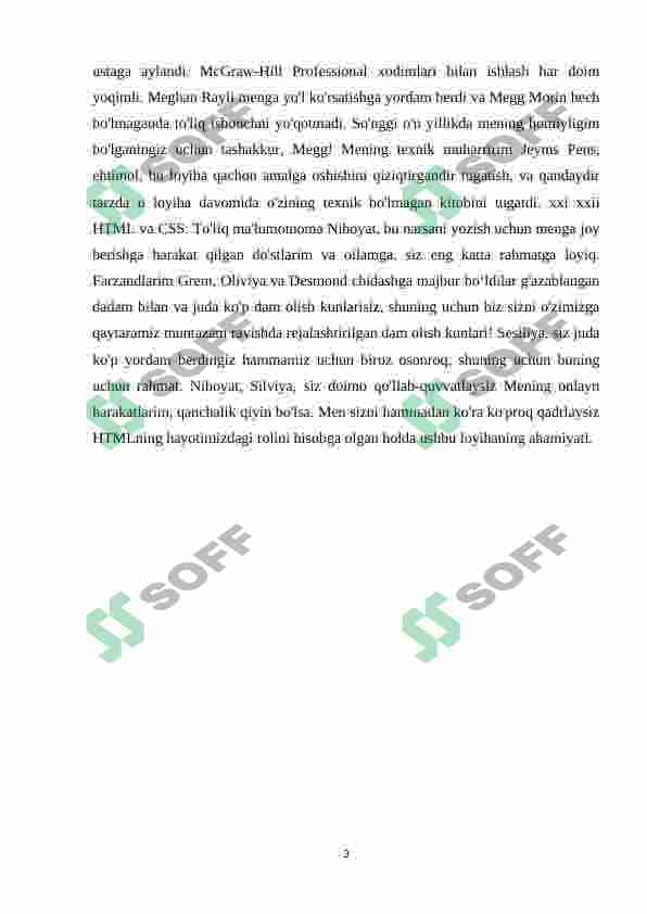 Stillar. (Asosiy tushunchalar va aniqlanishlar. Stil bayonini hujjatga joylashtirish. CSSda ma’lumotlar tiplari. Selektorlar. Sinflar. Ranglar va fon. Matn stillari.) 3