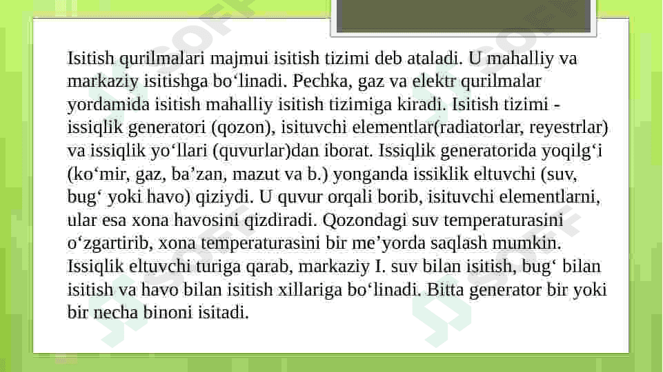 Isitish tizimining issiklik o’tkazgichlari (quvurlari) 3