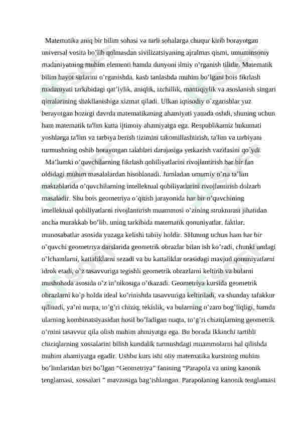Parabola va uning kanonik tenglamasi, xossalari 3