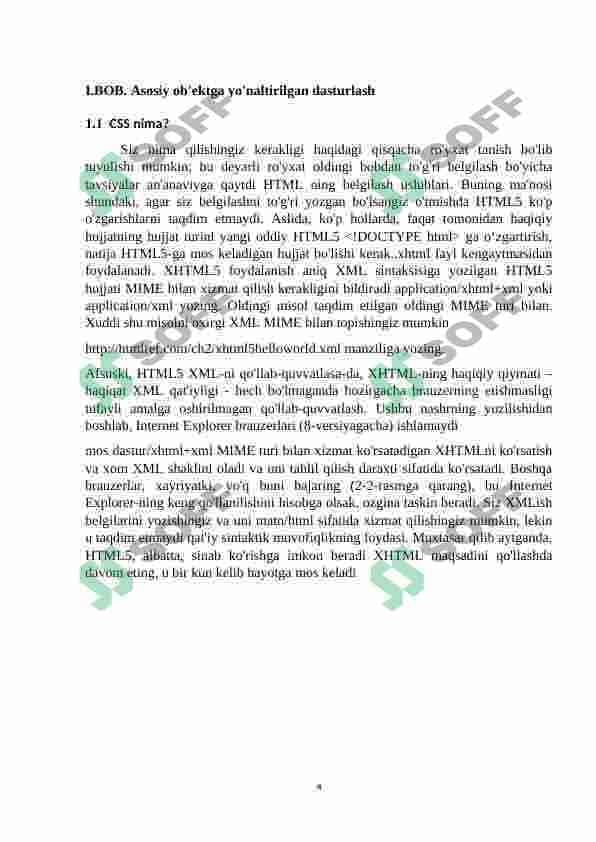 Stillar. (Asosiy tushunchalar va aniqlanishlar. Stil bayonini hujjatga joylashtirish. CSSda ma’lumotlar tiplari. Selektorlar. Sinflar. Ranglar va fon. Matn stillari.) 4