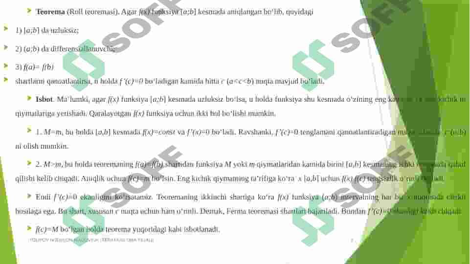 Funksiyaning differensiali. Differensialning asosiy teoremalari (Roll, Lagranj, Koshi teoremalari.) 4