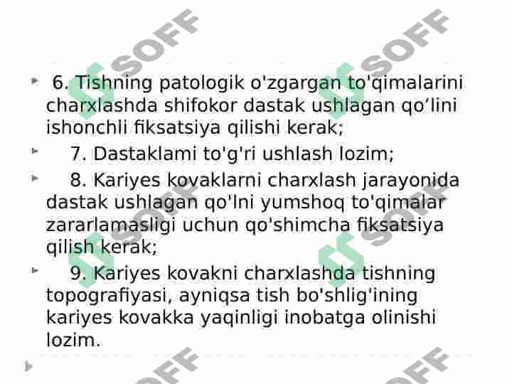 BLEK BO’YICHA 1 SINFLI KARIOZ KOVAKLARNI RESTAVRATSIYA QILISH 4