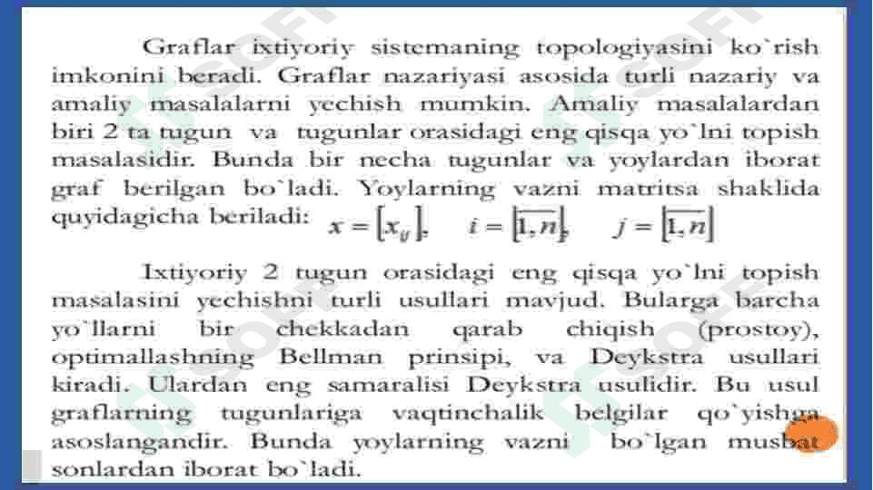 Graflarda eng qisqa yoʻlni aniqlash algoritmlari ppt 4
